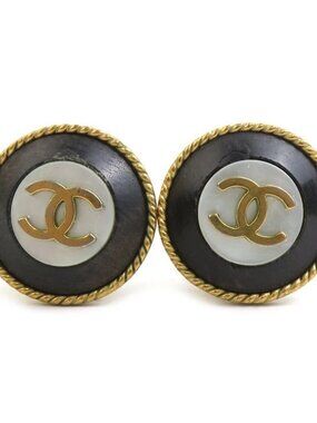 Auth CHANEL Vintage CC Logo Earrings Gold/Black/White Metal/Wood/Shell